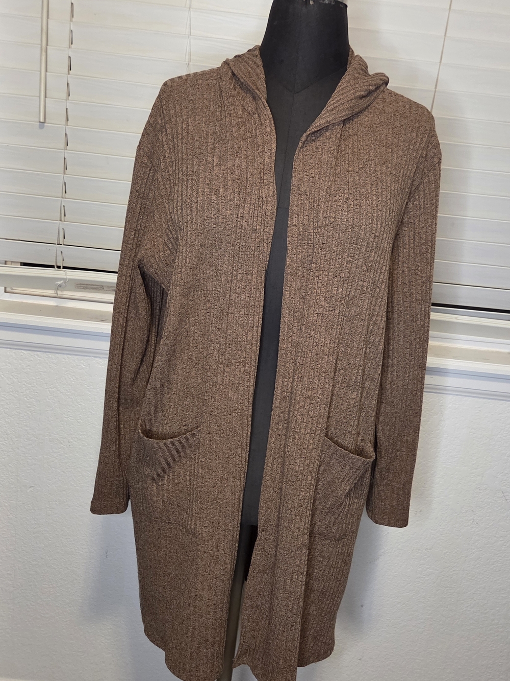 Double Zero Women's Brown Hooded Ribbed Open-Front Cardigan
